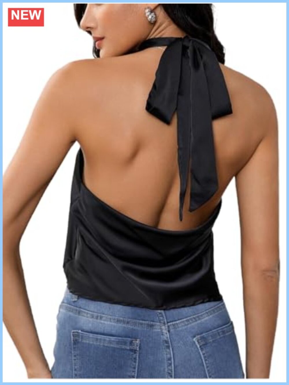 Satin Silk Halter Backless Tank Top Open Back Going Out Top